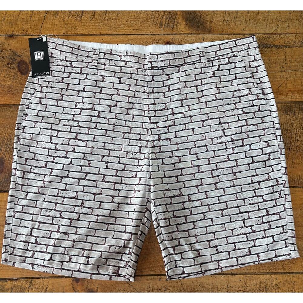 NWT Mens Hreski Brick‎ Wall Pattern Brown White Cream Graphic Golf Shorts 44
